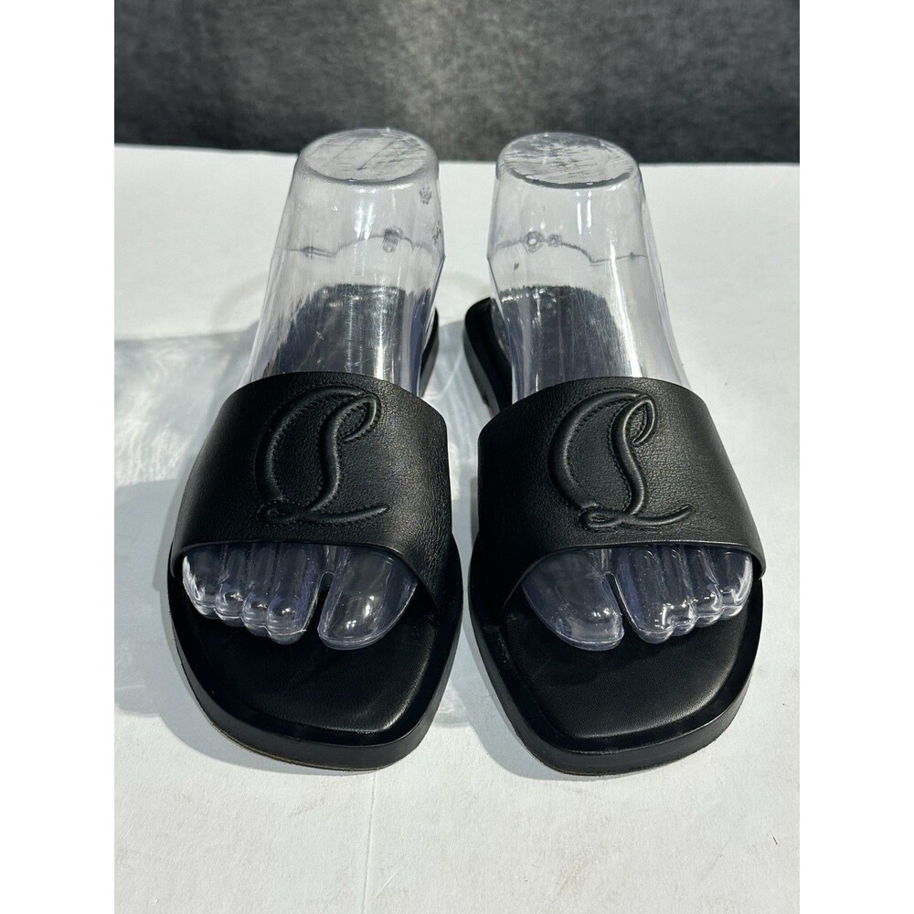 Christian Louboutin Black Leather Logo Embrossed Slide Mules Women EU 37.5 US 7